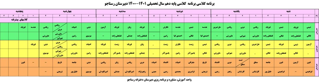 برنامه هفتگی پایه دوازدهم