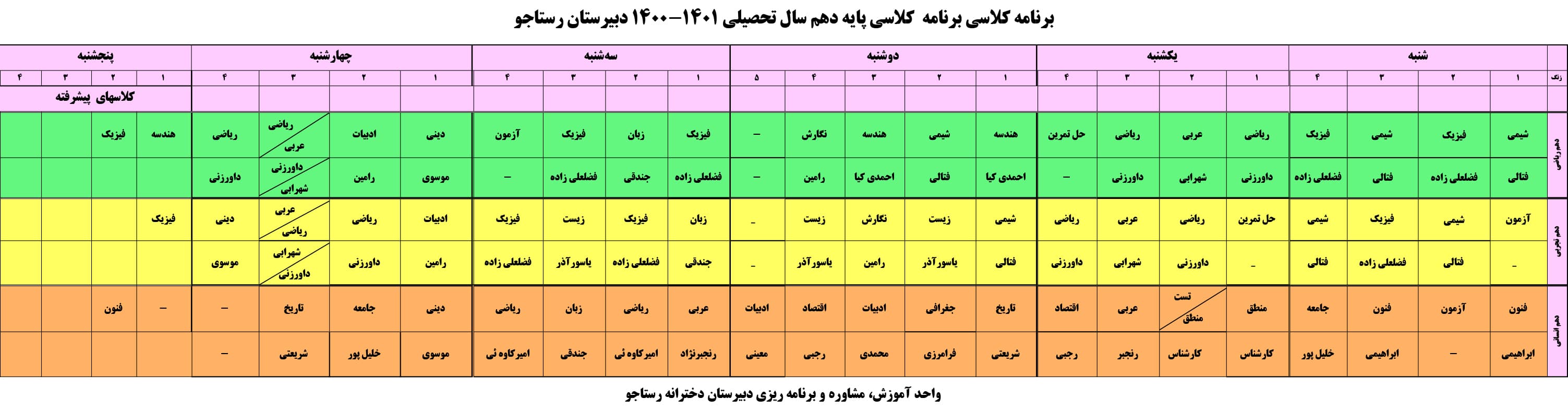 برنامه هفتگی پایه دوازدهم